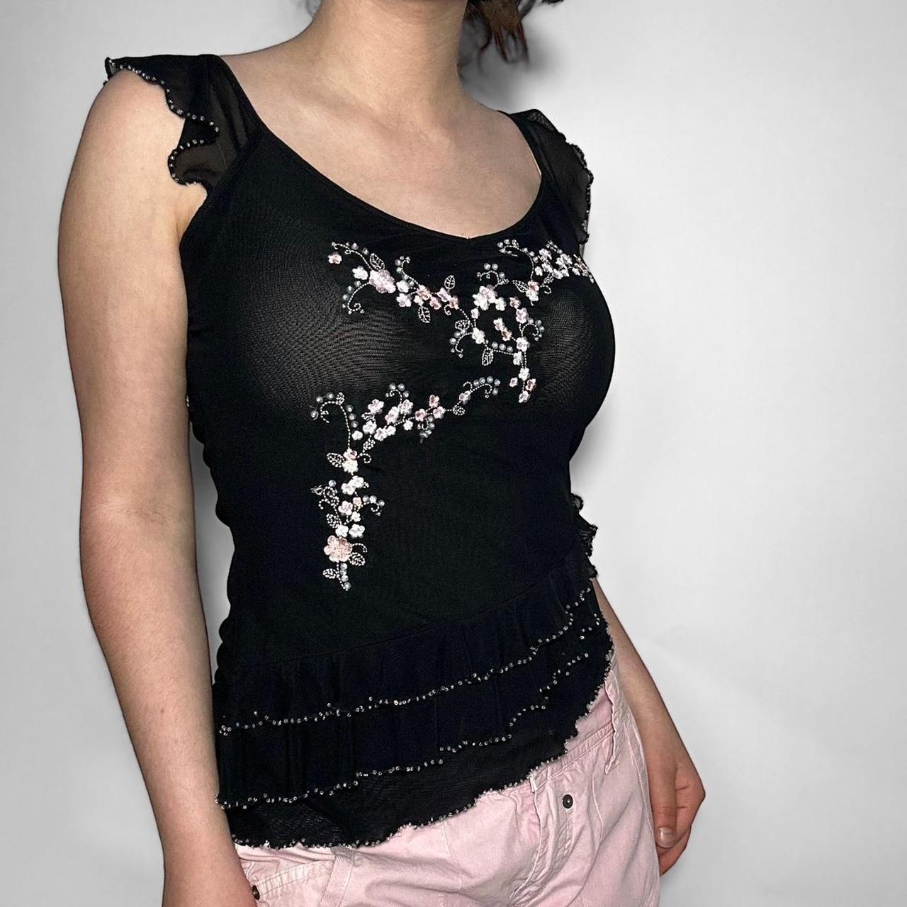 Vintage y2k fairycore black mesh ruffle cami top with silver embroidery
